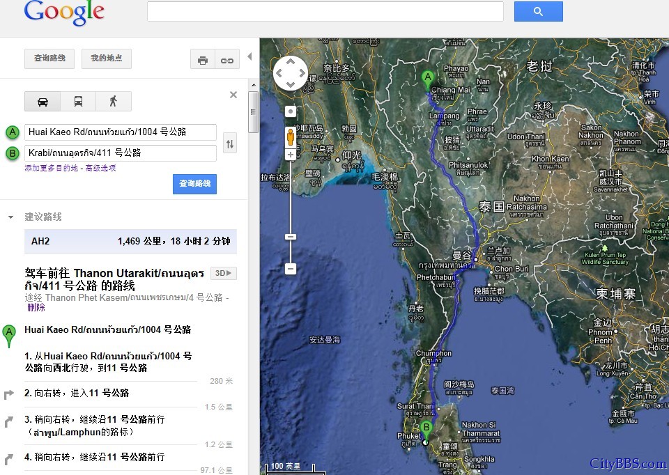 2012泰国清迈-曼谷-华欣-甲米-普吉-华欣-清迈自驾游清迈至甲米导航路线图