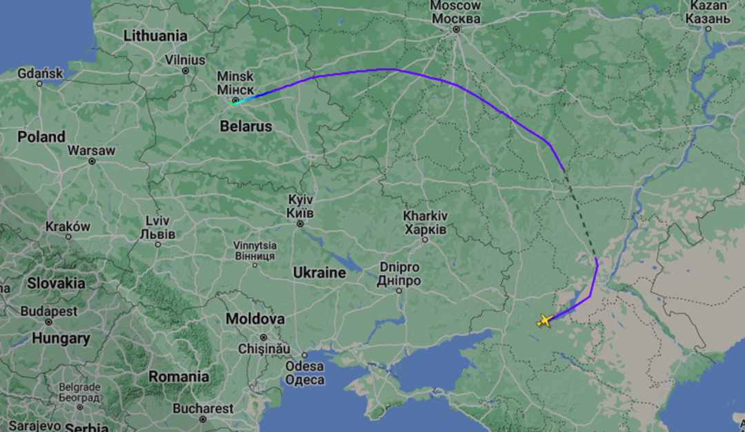 普里戈津从罗斯托夫飞到白俄罗斯首都明斯克
